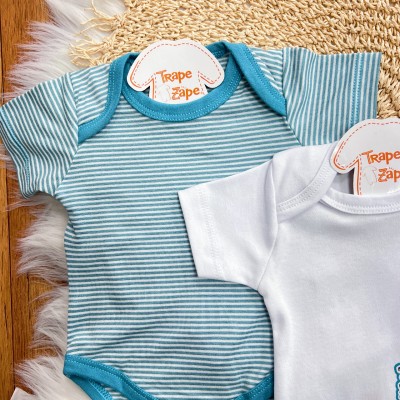 Kit 3 Peças - Bodys Manga Curta Elefantes - Verde e Branco